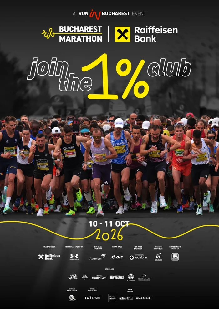 Afișul Raiffeisen Bank Bucharest Marathon 2026 — „join the 1% club