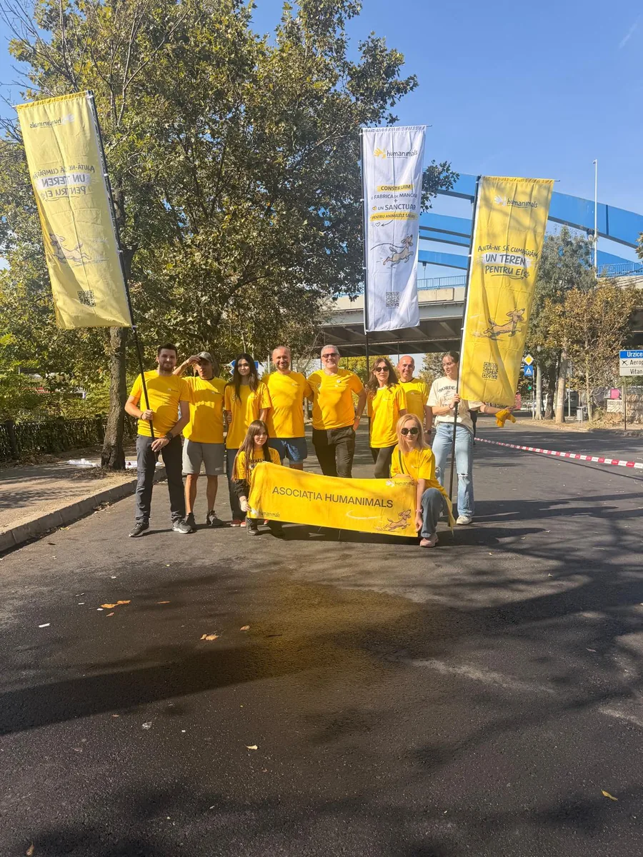Echipa de voluntari Humanimals cu steagurile campaniei, la Bucharest Marathon