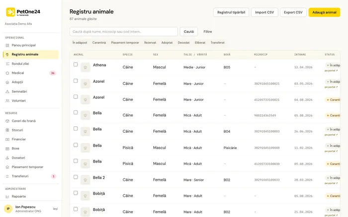 Registrul de animale din PetOne24, cu specie, sex, talie, microcip și status